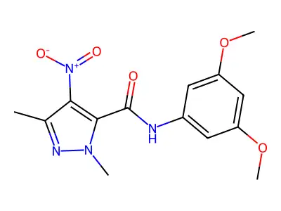 N-(3,5-dimethoxyphenyl)-2,5-dimethyl-4-nitropyrazole-3-carboxamide structure