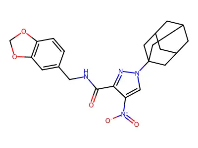 1-(1-adamantyl)-N-(1,3-benzodioxol-5-ylmethyl)-4-nitropyrazole-3-carboxamide structure