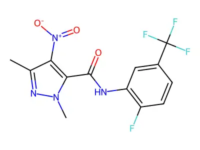 N-[2-fluoro-5-(trifluoromethyl)phenyl]-2,5-dimethyl-4-nitropyrazole-3-carboxamide structure