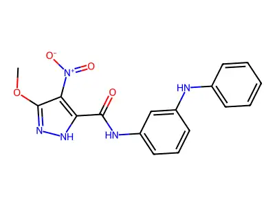 N-(3-anilinophenyl)-3-methoxy-4-nitro-1H-pyrazole-5-carboxamide structure