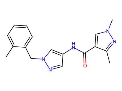 1,3-dimethyl-N-[1-[(2-methylphenyl)methyl]pyrazol-4-yl]pyrazole-4-carboxamide structure