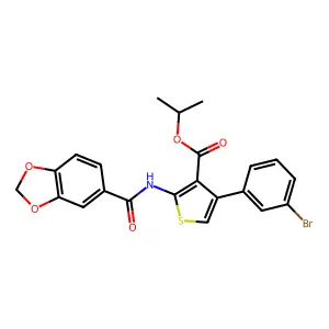 propan-2-yl 2-(1,3-benzodioxole-5-carbonylamino)-4-(3-bromophenyl)thiophene-3-carboxylate structure