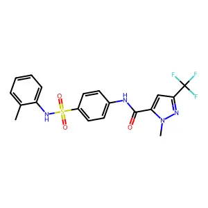 2-methyl-N-[4-[(2-methylphenyl)sulfamoyl]phenyl]-5-(trifluoromethyl)pyrazole-3-carboxamide structure