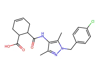 6-({[1-(4-chlorobenzyl)-3,5-dimethyl-1H-pyrazol-4-yl]amino}carbonyl)-3-cyclohexene-1-carboxylic acid structure