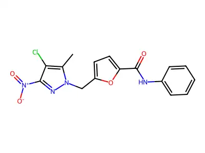 5-[(4-chloro-5-methyl-3-nitropyrazol-1-yl)methyl]-N-phenylfuran-2-carboxamide structure