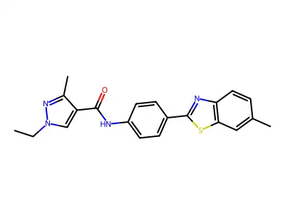 1-ethyl-3-methyl-N-[4-(6-methyl-1,3-benzothiazol-2-yl)phenyl]-1H-pyrazole-4-carboxamide structure