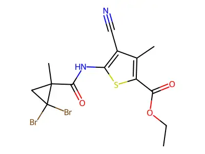 ethyl 4-cyano-5-[(2,2-dibromo-1-methylcyclopropanecarbonyl)amino]-3-methylthiophene-2-carboxylate structure