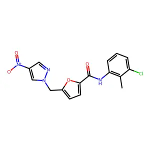 N-(3-chloro-2-methylphenyl)-5-({4-nitro-1H-pyrazol-1-yl}methyl)-2-furamide structure