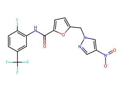 N-[2-fluoro-5-(trifluoromethyl)phenyl]-5-[(4-nitropyrazol-1-yl)methyl]furan-2-carboxamide structure