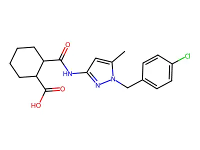2-({[1-(4-chlorobenzyl)-5-methyl-1H-pyrazol-3-yl]amino}carbonyl)cyclohexanecarboxylic acid structure