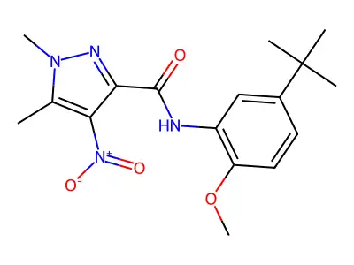 N-(5-tert-butyl-2-methoxyphenyl)-1,5-dimethyl-4-nitropyrazole-3-carboxamide structure