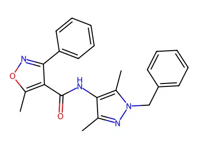 N-(1-benzyl-3,5-dimethyl-1H-pyrazol-4-yl)-5-methyl-3-phenyl-1,2-oxazole-4-carboxamide structure
