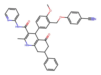 4-[3-[(4-cyanophenoxy)methyl]-4-methoxyphenyl]-2-methyl-5-oxo-7-phenyl-N-pyridin-2-yl-4,6,7,8-tetrahydro-1H-quinoline-3-carboxamide structure