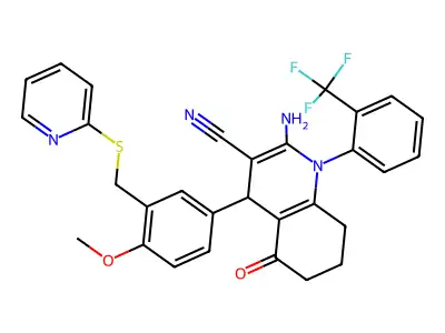 2-amino-4-[4-methoxy-3-(pyridin-2-ylsulfanylmethyl)phenyl]-5-oxo-1-[2-(trifluoromethyl)phenyl]-4,6,7,8-tetrahydroquinoline-3-carbonitrile structure