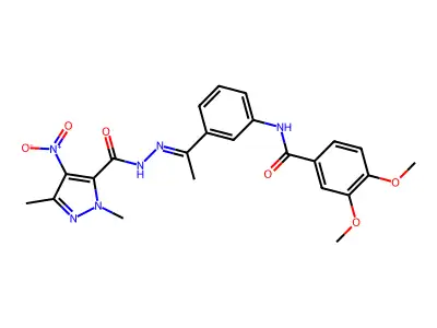 N-[(E)-1-[3-[(3,4-dimethoxybenzoyl)amino]phenyl]ethylideneamino]-2,5-dimethyl-4-nitropyrazole-3-carboxamide structure