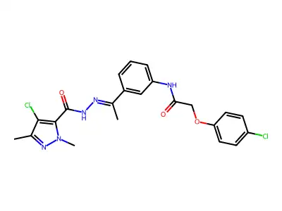 4-chloro-N-[(E)-1-[3-[[2-(4-chlorophenoxy)acetyl]amino]phenyl]ethylideneamino]-2,5-dimethylpyrazole-3-carboxamide structure