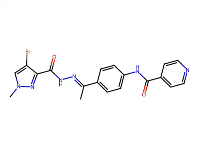 N-(4-{N-[(4-bromo-1-methyl-1H-pyrazol-3-yl)carbonyl]ethanehydrazonoyl}phenyl)isonicotinamide structure
