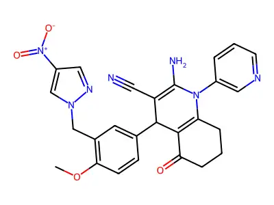 2-amino-4-[3-({4-nitro-1H-pyrazol-1-yl}methyl)-4-methoxyphenyl]-5-oxo-1-(3-pyridinyl)-1,4,5,6,7,8-hexahydro-3-quinolinecarbonitrile structure