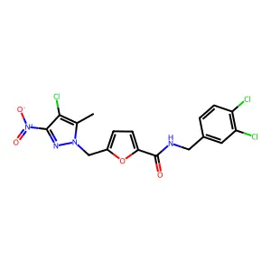 5-[(4-chloro-5-methyl-3-nitropyrazol-1-yl)methyl]-N-[(3,4-dichlorophenyl)methyl]furan-2-carboxamide structure
