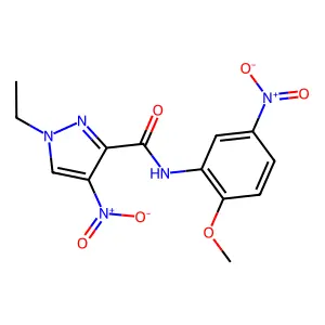 1-ethyl-N-(2-methoxy-5-nitrophenyl)-4-nitropyrazole-3-carboxamide structure