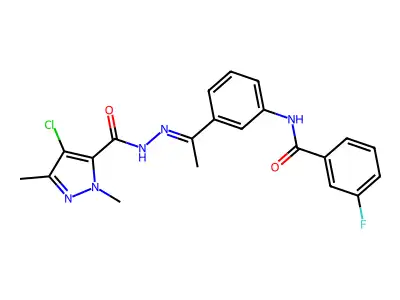 4-chloro-N-[(E)-1-[3-[(3-fluorobenzoyl)amino]phenyl]ethylideneamino]-2,5-dimethylpyrazole-3-carboxamide structure