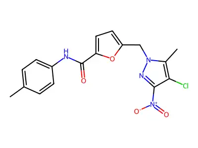 5-({4-chloro-3-nitro-5-methyl-1H-pyrazol-1-yl}methyl)-N-(4-methylphenyl)-2-furamide structure