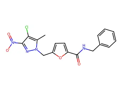 N-benzyl-5-[(4-chloro-5-methyl-3-nitropyrazol-1-yl)methyl]furan-2-carboxamide structure