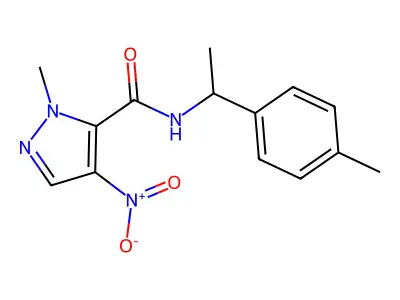 2-methyl-N-[1-(4-methylphenyl)ethyl]-4-nitropyrazole-3-carboxamide structure
