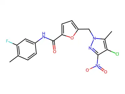 5-[(4-chloro-5-methyl-3-nitropyrazol-1-yl)methyl]-N-(3-fluoro-4-methylphenyl)furan-2-carboxamide structure
