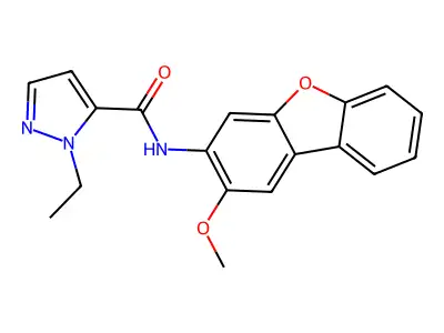 2-ethyl-N-(2-methoxydibenzofuran-3-yl)pyrazole-3-carboxamide structure