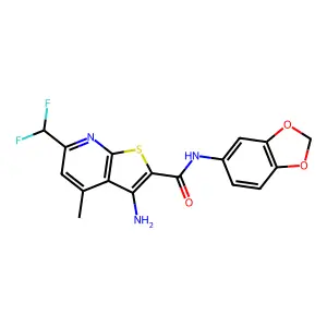 3-amino-N-(1,3-benzodioxol-5-yl)-6-(difluoromethyl)-4-methylthieno[2,3-b]pyridine-2-carboxamide structure