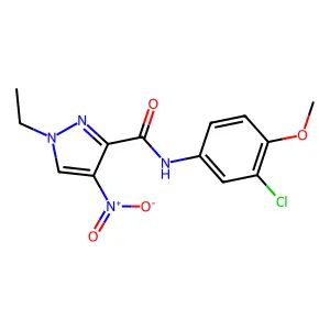 N-(3-chloro-4-methoxyphenyl)-1-ethyl-4-nitropyrazole-3-carboxamide structure