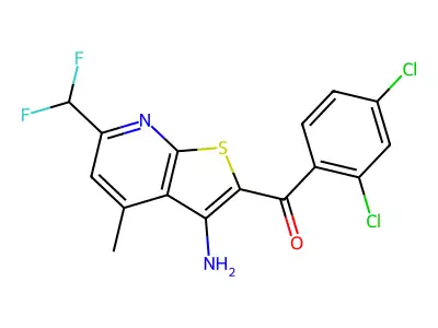 [3-amino-6-(difluoromethyl)-4-methylthieno[2,3-b]pyridin-2-yl](2,4-dichlorophenyl)methanone structure