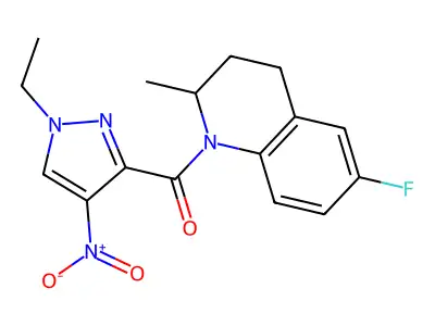 1-({1-ethyl-4-nitro-1H-pyrazol-3-yl}carbonyl)-6-fluoro-2-methyl-1,2,3,4-tetrahydroquinoline structure