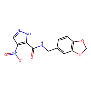 N-(1,3-benzodioxol-5-ylmethyl)-4-nitro-1H-pyrazole-3-carboxamide structure