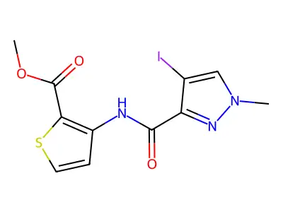 methyl 3-{[(4-iodo-1-methyl-1H-pyrazol-3-yl)carbonyl]amino}-2-thiophenecarboxylate structure