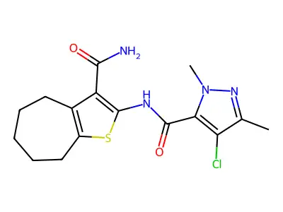 N-(3-carbamoyl-5,6,7,8-tetrahydro-4H-cyclohepta[b]thiophen-2-yl)-4-chloro-2,5-dimethylpyrazole-3-carboxamide structure
