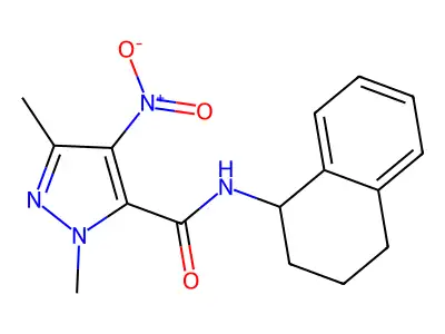 2,5-dimethyl-4-nitro-N-(1,2,3,4-tetrahydronaphthalen-1-yl)pyrazole-3-carboxamide structure
