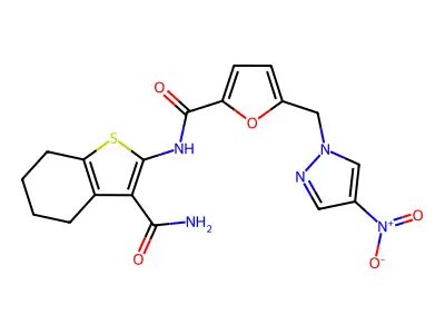 N-(3-carbamoyl-4,5,6,7-tetrahydro-1-benzothiophen-2-yl)-5-[(4-nitropyrazol-1-yl)methyl]furan-2-carboxamide structure