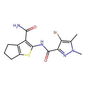 4-bromo-N-(3-carbamoyl-5,6-dihydro-4H-cyclopenta[b]thiophen-2-yl)-1,5-dimethylpyrazole-3-carboxamide structure
