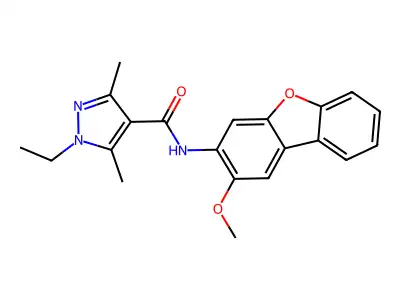 1-ethyl-N-(2-methoxydibenzofuran-3-yl)-3,5-dimethylpyrazole-4-carboxamide structure