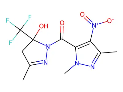 1-({4-nitro-1,3-dimethyl-1H-pyrazol-5-yl}carbonyl)-3-methyl-5-(trifluoromethyl)-4,5-dihydro-1H-pyrazol-5-ol structure