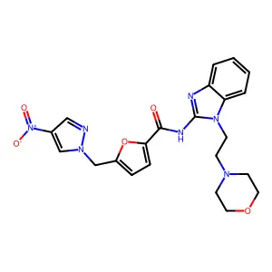 5-({4-nitro-1H-pyrazol-1-yl}methyl)-N-{1-[2-(4-morpholinyl)ethyl]-1H-benzimidazol-2-yl}-2-furamide structure
