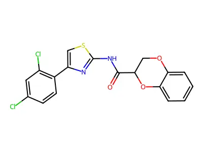 N-(4-(2,4-dichlorophenyl)thiazol-2-yl)-2,3-dihydrobenzo[b][1,4]dioxine-2-carboxamide structure