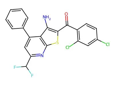 [3-amino-6-(difluoromethyl)-4-phenylthieno[2,3-b]pyridin-2-yl](2,4-dichlorophenyl)methanone structure