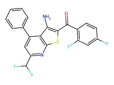 [3-amino-6-(difluoromethyl)-4-phenylthieno[2,3-b]pyridin-2-yl](2,4-difluorophenyl)methanone structure