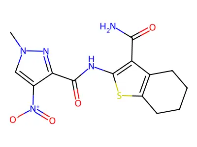 N-(3-carbamoyl-4,5,6,7-tetrahydro-1-benzothiophen-2-yl)-1-methyl-4-nitropyrazole-3-carboxamide structure