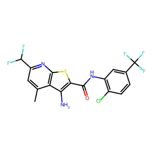 3-amino-N-[2-chloro-5-(trifluoromethyl)phenyl]-6-(difluoromethyl)-4-methylthieno[2,3-b]pyridine-2-carboxamide structure