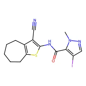 N-(3-cyano-5,6,7,8-tetrahydro-4H-cyclohepta[b]thiophen-2-yl)-4-iodo-1-methyl-1H-pyrazole-5-carboxamide structure