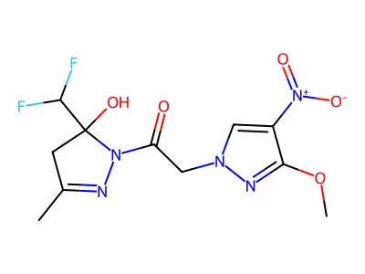 1-[5-(difluoromethyl)-5-hydroxy-3-methyl-4H-pyrazol-1-yl]-2-(3-methoxy-4-nitropyrazol-1-yl)ethanone structure